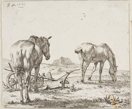 Two Horses by a Plough, 1657, Karel Dujardin, Dutch, c. 1622-1678, Holland, Etching on paper, 155 x