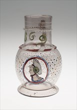 Jug with the Head of a Woman, 1597, Bohemian, Bohemia, Colorless glass and enamel, 16 × 11.1 cm (6