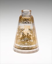 Flask, c. 1730, Bohemia, Czech Republic, Bohemia, Glass with engraved gold leaf decoration, 11.9 ×