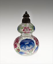 Bottle, Mid 19th century, Germany, Glass, blown, painted with polychrome enamels and silver mount,