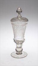 Covered Goblet (Pokal) with Musicians, 1730/40, Silesia, Poland, Silesia, Blown and molded glass