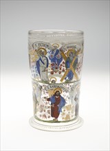 Beaker (Humpen), 1650/1700, Germany, Blown glass with polychrome enamel decoration, H. 20.3 cm (8