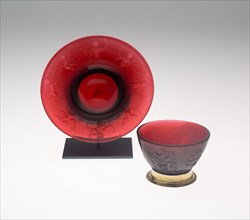 Cup and Saucer, c. 1710, Potsdam, Berlin, Germany, Berlin, Blown ruby glass with engraved