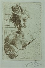 Laughing Model I, 1898, Anders Zorn, Swedish, 1860-1920, Sweden, Soft ground etching on light blue