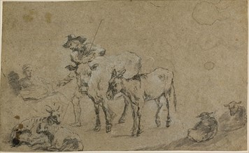Herdsman with Cow, Donkey, Sheep, after Nicolaes Berchem the Elder, Dutch, 1621/22-1683, Holland,