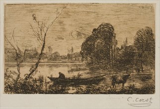 Ville d’Avray: Pond with Boatman, Evening, 1862–63, Jean-Baptiste-Camille Corot, French, 1796-1875,