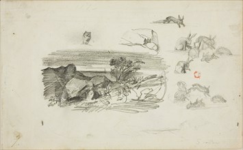 Sketches: Rocky Setting and Rabbits, n.d., Charles François Daubigny, French, 1817-1878, France,