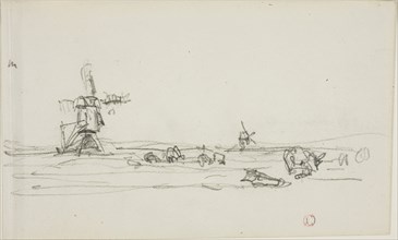 Landscape in Holland (recto), Sketch of Windmills by Water (verso), 1837/78, Charles François