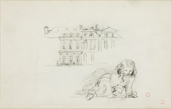 Sketches: The Hotel de Ville, Tours and a Girl Playing (recto), Stork (verso), 1837/78, Charles