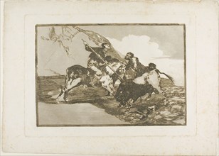 The Way in which the ancient Spaniards Hunted Bulls on Horseback in the Open Country, plate one