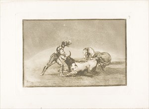 A Spanish knight kills the bull after having lost his horse, plate nine from The Art of