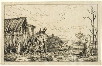 Landscape with Unhitched Cart, 1844, Charles Émile Jacque, French, 1813-1894, France, Etching on