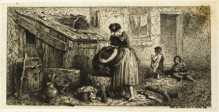 Woman Washing Pots, with Children, 1845, Charles Émile Jacque, French, 1813-1894, France, Etching