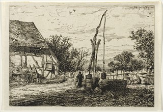 Well in a Farm Courtyard, 1845, Charles Émile Jacque, French, 1813-1894, France, Etching on ivory