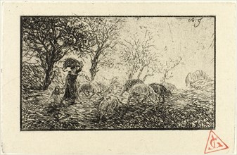 Landscape and Animals, 1846, Charles Émile Jacque, French, 1813-1894, France, Etching on cream