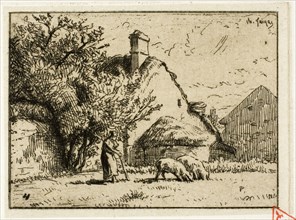 Woman Tending Two Pigs, 1849, Charles Émile Jacque, French, 1813-1894, France, Etching on cream