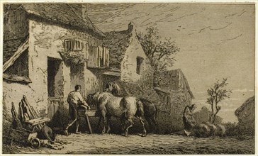 Entrance to an Inn, with Stable Boy, 1850, Charles Émile Jacque, French, 1813-1894, France, Etching