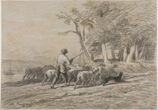 Shepherd and his Flock, n.d., Charles Émile Jacque, French, 1813-1894, France, Charcoal, with