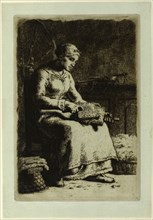 The Wool-Carder, 1855–56, Jean François Millet, French, 1814-1875, France, Etching on bluish-green