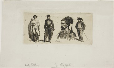 Sheet of Skteches, 1829, Denis Auguste Marie Raffet, French, 1804-1860, France, Etching on cream