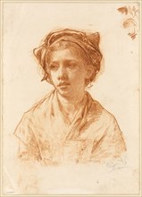 Bust of a Peasant Girl, 1885, Paul Adolphe Rajon, French, 1843-1888, France, Red chalk, over