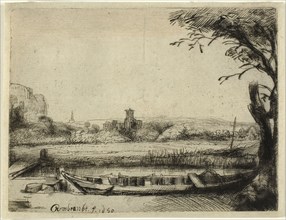 Canal with a Large Boat and a Bridge, 1650, Rembrandt van Rijn, Dutch, 1606-1669, Holland, Etching