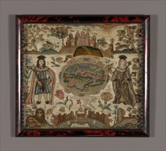 Needlework, 1698, England, Silk, warp-float faced 4:1 satin weave, appliquéd with linen, plain