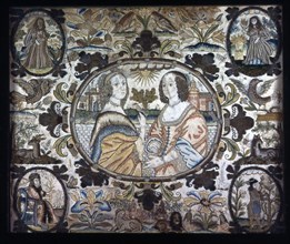 Needlework (Depicting the Four Seasons), c. 1660, England, Silk, satin weave, embroidered with