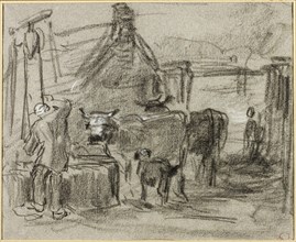 Farmyard with Man and Cattle, n.d., Constant Troyon, French, 1810-1865, France, Black chalk,