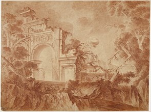Figure Standing in Classical Ruins, n.d., Jean-Laurent Legeay, French, 1710-1786, France, Red chalk