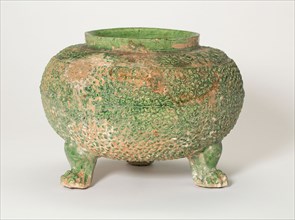 Tripod Jar, Tang dynasty (618–906), China, Stoneware with underglaze molded decoration and green