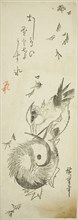 Mandarin ducks crossing icy pond amid falling leaves, 1830s, Utagawa Hiroshige ?? ??, Japanese,