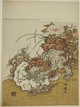 Two Fighting Lions, c. 1772, Isoda Koryusai, Japanese, 1735-1790, Japan, Color woodblock print,