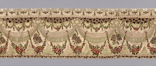 Valance, 19th century, France, Silk, warp-float faced satin weave, painted appliquéd with linen,