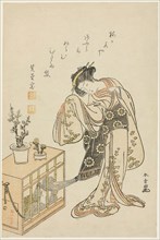 Young Woman with a Caged Monkey (Calendar Print for New Year 1776), 1776, Katsukawa Shunsho ?? ??,
