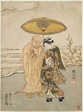 Daruma and a young woman in the rain, 1765, Suzuki Harunobu ?? ??, Japanese, 1725 (?)-1770, Japan,