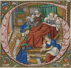 The Birth of the Virgin in a Historiated Initial G from an Antiphonal, c. 1500, French (Paris),