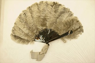Fan, 1875/1880, France, Natural ostrich feathers, plain tortoise shell sticks, shell rivet & loop,