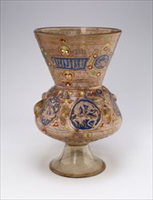 Lamp, 14th century, Egypt or Syria, Egypt, Glass painted with red, blue, pale green, and white