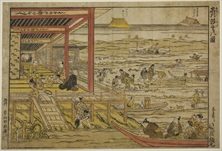 Gathering Shellfish at Low Tide at Shinagawa (Shinagawa shiohigari no zu), 1740s, Furuyama