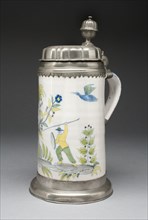 Tankard, c. 1720, Germany, Tin-glazed earthenware (faience) and pewter, H. 27.9 cm (11 in.), diam.