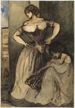 Two Women, c. 1840, Constantin Guys, French, 1802-1892, France, Pen and brown ink with brush and