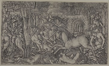 A King Pursued by a Unicorn, 1550/60, Jean Duvet, French, 1485-after 1561, France, Engraving on