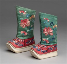 Man’s Boots, Qing dynasty (1644–1911), 19th century, China, Silk, satin weave, with needlework, a.