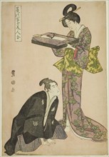Kneeling actor and standing beauty holding a tray of clothes, from the series Fuji in Summer