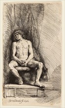 Nude Man Seated before a Curtain, 1646, Rembrandt van Rijn, Dutch, 1606-1669, Holland, Etching on