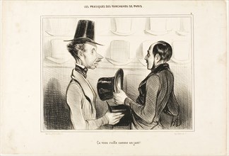 It fits you like a glove!, plate 34 from Types Parisiens, 1839, Honoré Victorin Daumier, French,