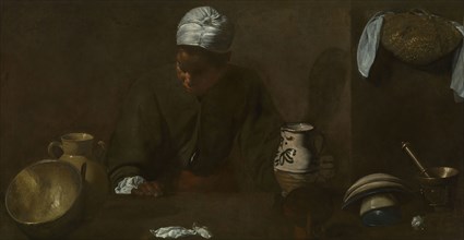 Kitchen Scene, 1618/20, Diego Velázquez, Spanish, 1599-1660, Spain, Oil on canvas, 21 7/8 × 41 1/8