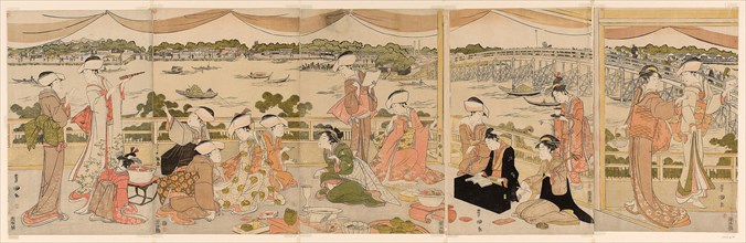 Recital on a verandah overlooking Sumida River, c. 1790/95, Utagawa Toyokuni I ?? ?? ??, Japanese,