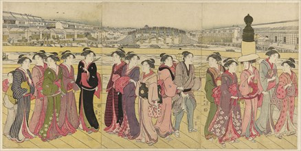 Crossing Nihonbashi Bridge, c. 1790, Katsukawa Shuncho, Japanese, active c. 1780-1801, Japan, Color